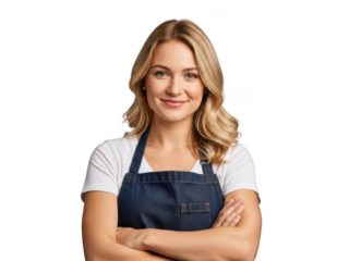 Smiling Caucasian Woman Wearing Denim Apron and White T-shirt with Arms Crossed isolated on transparent background