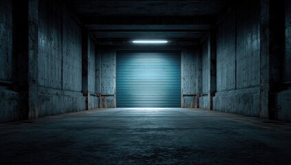 Obraz premium A dark, ominous concrete warehouse interior with a lit blue rollup door