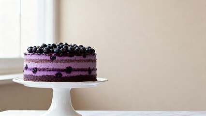 Layered black currant cake with fresh berries on stand