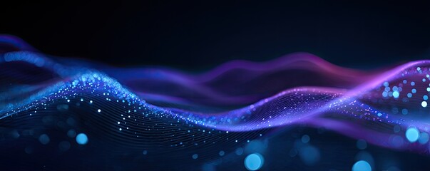 A digital wave of blue and purple light with bokeh elements against a dark background