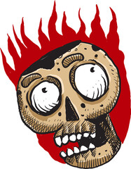 Burning Cartoon Skull with Fiery Hair &ndash; Spooky and funny Hand Drawn Horror Illustration