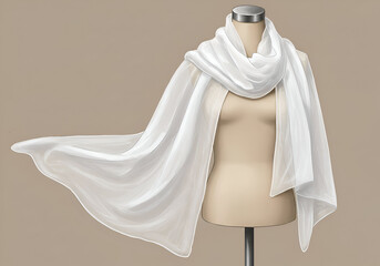 A delicate white sheer shawl draped over a mannequin, showcasing its flowing texture and lightweight fabric. A versatile accessory for fashion designers and retailers.