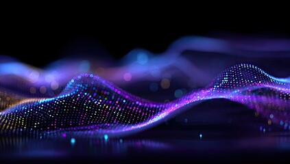 Abstract, vibrant wave of data points in shades of purple and gold against a dark background
