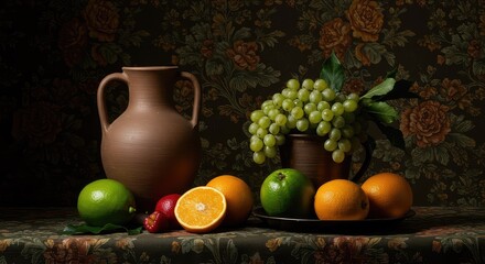 Elegant still life arrangement featuring ancient ceramic pottery and fresh fruit against a dramatically lit baroque floral textile background ,home decor ,vase ,floral