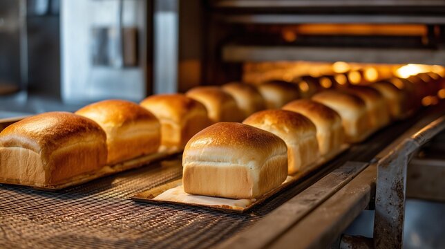 Freshly baked bread loaves on a baking tray in an industrial oven