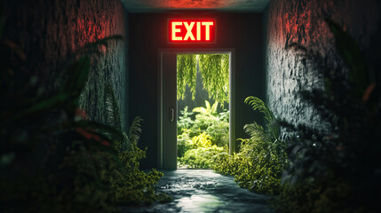 Glowing EXIT sign above a door, but the door opens not to a hallway, but to a spring garden