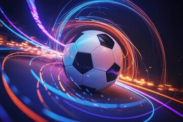 Dynamic Soccer Ball Speeding with Neon Light Trails Graphic for Sports Gaming App and High Energy Football Championship Art