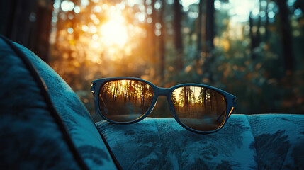 Golden hour sunlight reflects off lenses during outdoor leisure, Warm cinematic tones highlight vintage frames