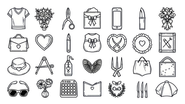 Collection of various line art illustrations of everyday objects and symbols