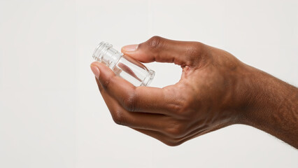 African American Hand Holding Small Glass Vial, Skincare Cosmetics Product on Solid Background