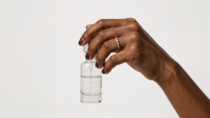 African American Hand Holding Small Glass Vial, Skincare Cosmetics Product on Solid Background