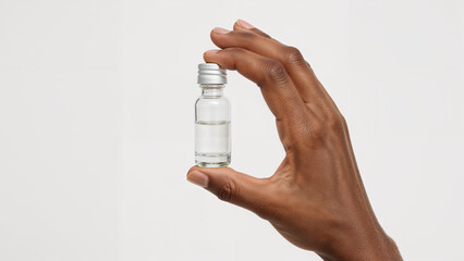 African American Hand Holding Small Glass Vial, Skincare Cosmetics Product on Solid Background