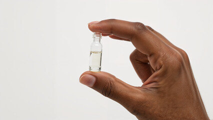African American Hand Holding Small Glass Vial, Skincare Cosmetics Product on Solid Background