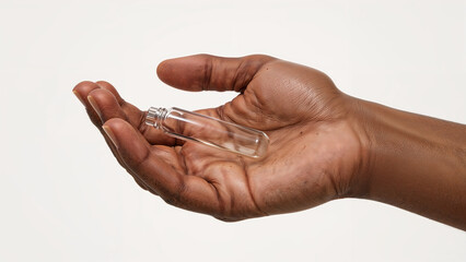 African American Hand Holding Small Glass Vial, Skincare Cosmetics Product on Solid Background
