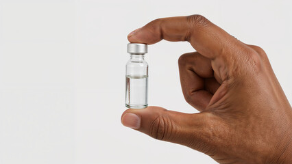 African American Hand Holding Small Glass Vial, Skincare Cosmetics Product on Solid Background