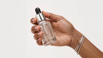 African American Hand Holding Small Glass Vial, Skincare Cosmetics Product on Solid Background