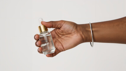 African American Hand Holding Small Glass Vial, Skincare Cosmetics Product on Solid Background