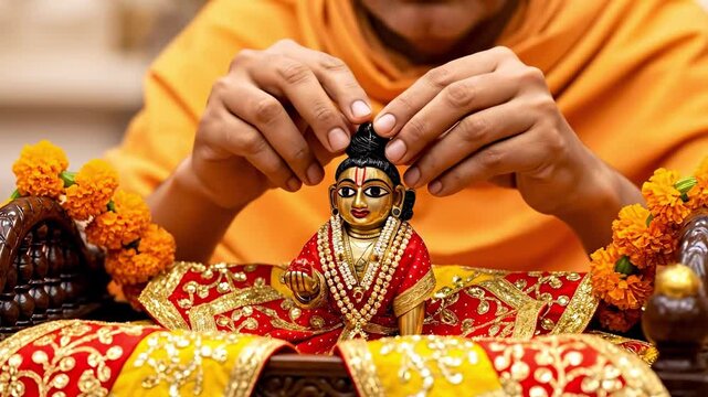 A Devotee Carefully Dresses a Small Statue of Lord Krishna During a Religious Ceremony in a Hindu Temple, Surrounded by Vibrant Flowers and Traditional Decorations