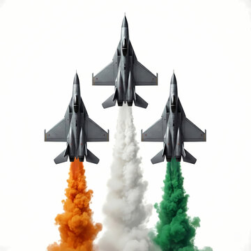 Republic Day of India concept featuring Indian Air Force fighter jets celebrating freedom and releasing tricolor smoke during a patriotic parade at India Gate.
