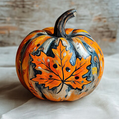 Hand painted pumpkin with floral motifs, Bohemian autumn decorative piece showcasing floral patterns