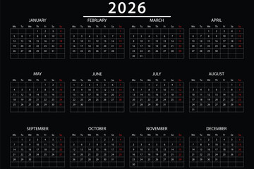 Monthly calendar layout for 2026 year. Diary planner for 2026 year. Week Starts on Monday. Template Monthly Page with Note and cover with Place for Photo, Company Logo. Vector grid layout of wall eps