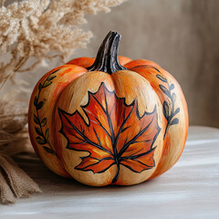 Hand painted pumpkin with floral motifs, Bohemian autumn decorative piece showcasing floral patterns