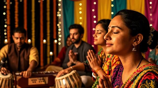Gathered artists performing traditional Indian music and expressing devotion during a cultural ceremony with vibrant colors and festive decorations