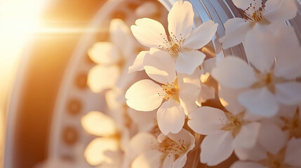 Jet engine fan blades replaced with delicate white cherry blossoms, soft golden hour backlight