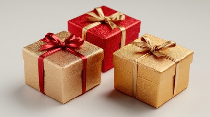 Obraz premium Gold Silver and Red Gift Boxes with Ribbons on White Background