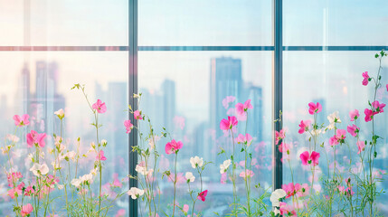 Large office window grid, each pane framed by thin stems of sweet pea flowers in pink and white