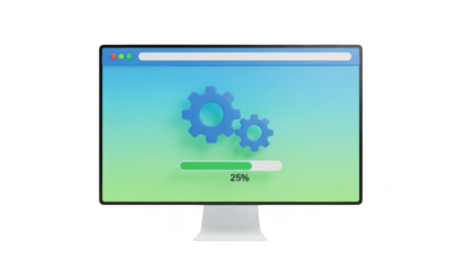 Computer monitor displaying gear progress bar on a transparent background