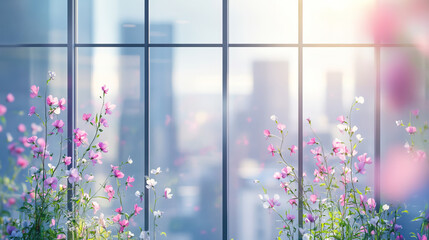 Large office window grid, each pane framed by thin stems of sweet pea flowers in pink and white