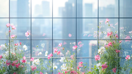 Large office window grid, each pane framed by thin stems of sweet pea flowers in pink and white