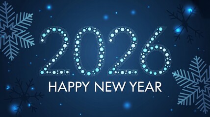 Happy New Year 2026 Celebration Banner with Glowing Dotted Typography and Snowflake Background for Winter Holiday Marketing and Party Decor