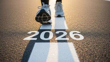 Close-up of a person's feet standing on a road marked with the number 2026.
