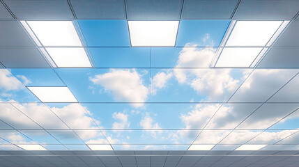 Looking up at office ceiling tiles, but they are replaced by panels of a clear spring sky