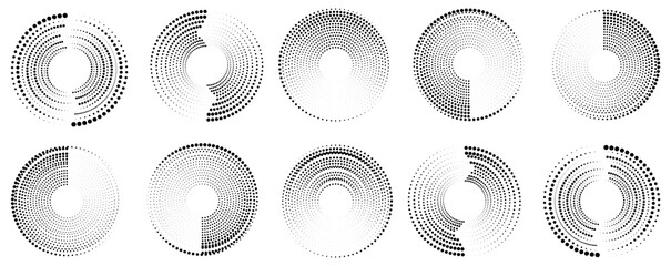 Set of abstract halftone circle vector round dotted frame black and white transparent or dotted backgrounds graphic elements or icon. Vector illustration.