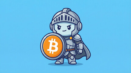 Fototapeta premium Cute cartoon knight in armor holding Bitcoin shield protectively