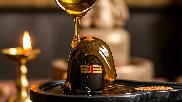 A close-up view of black stone Shivling being anointed with aromatic ghee, symbolizing reverence and spirituality during a Hindu ritual in India, creating a warm and serene ambiance