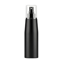 Isolated black cosmetic spray bottle on a plain white background for product presentation