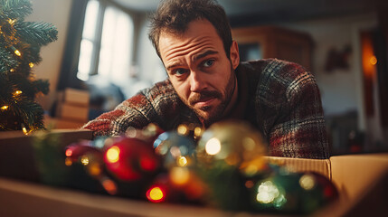 Man taking down Christmas decorations with sad expression, empty house feeling, late afternoon light