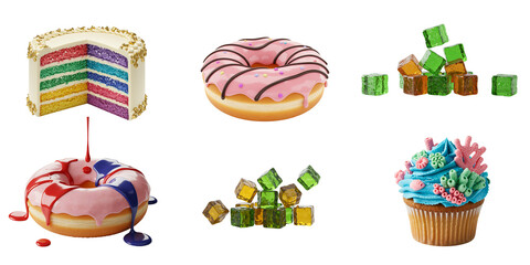 colorful desserts and candies on white background