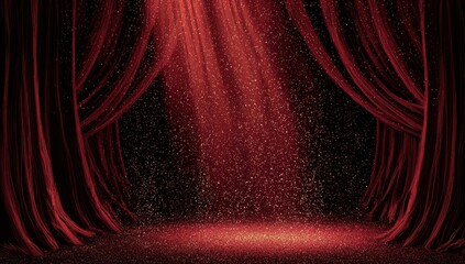 Deep crimson curtains frame a stage bathed in a spotlight, with falling particles