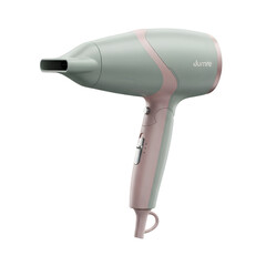 Fototapeta premium Modern hair dryer in pastel pink and white isolated on a black background