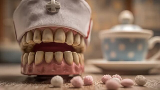 A close-up shot features a detailed dental model, representing artificial teeth and gums, with a white fabric piece resembling a bib or napkin draped over the upper arch. The mouth is depicted in an o