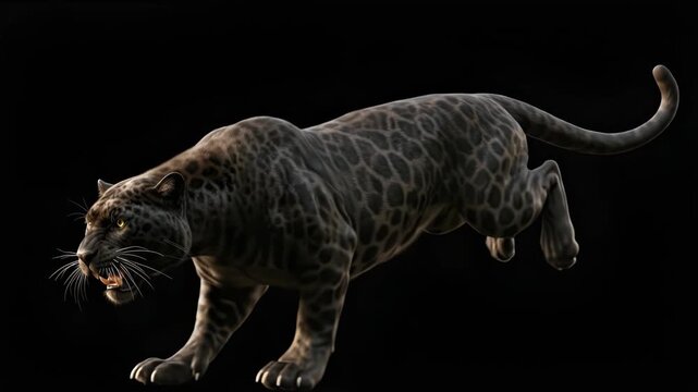Leaping black panther in mid-air attack with fierce expression