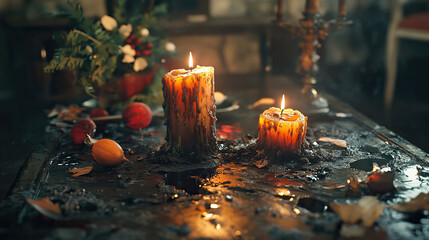 Memorial scene with warm candlelight, Flickering flames illuminate snowy altar setting