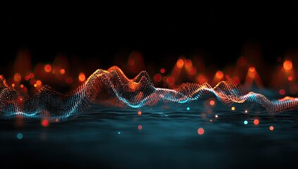 Abstract digital sound wave visualization with glowing particles on dark background