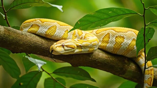 Yellow snake resting on a branch surrounded by green leaves