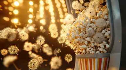 Movie theater popcorn machine overflowing not with popcorn, but with fluffy white dandelion clocks, some seeds floating in air